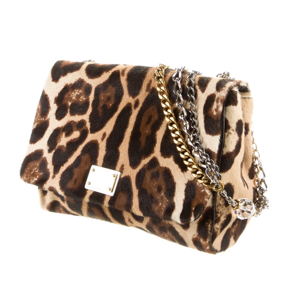 D&G Dolce & Gabanna Pony Hair Chain Link Shoulder Bag -Leopard print